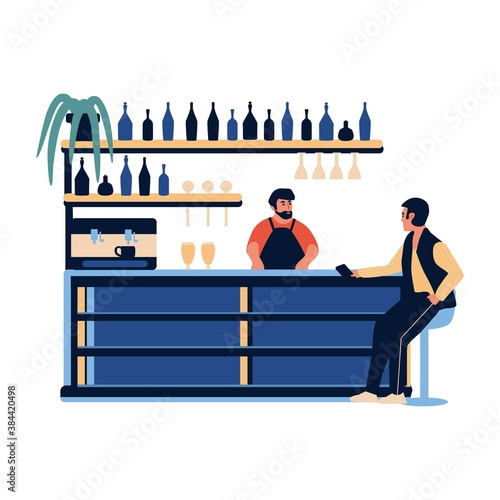 People in the bar cafe. Barista barman making drink at bar counter scene