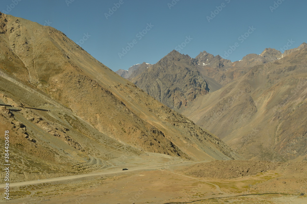 Driving through the windy mountain roads of the high Andes between Chile and Argentina