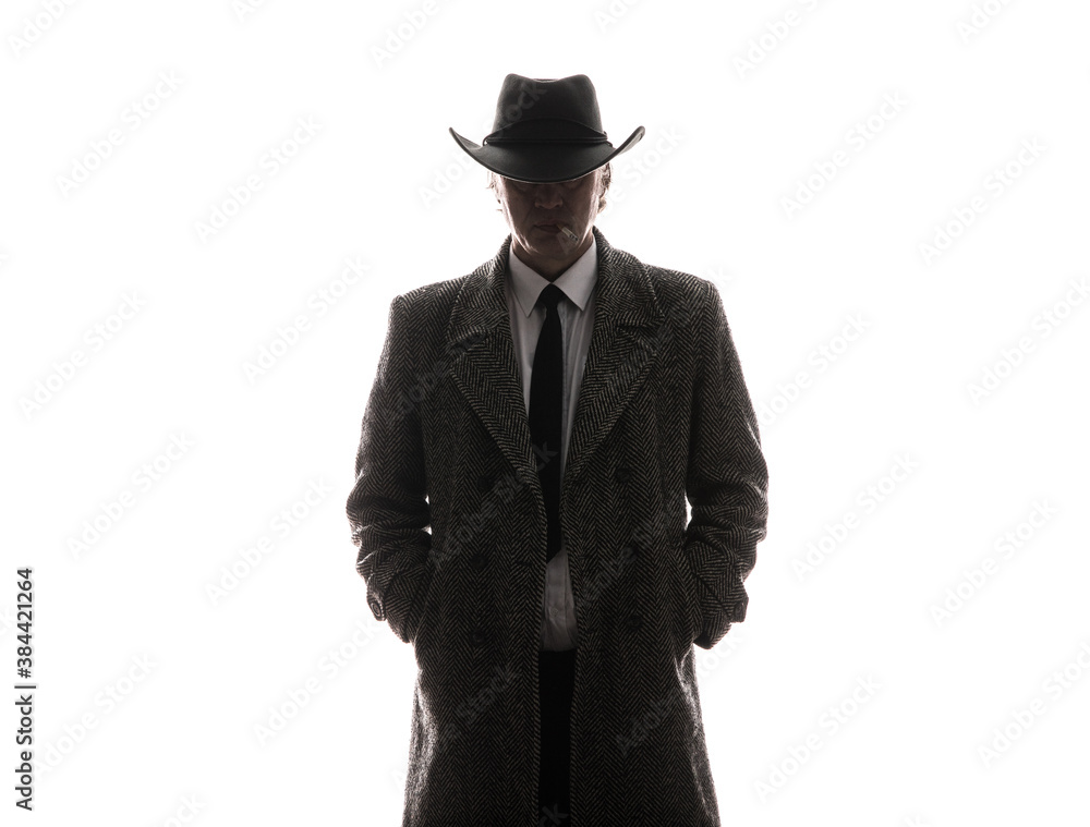 studio portrait of male businessman in gray coat and hat studio portrait of male businessman in gray coat and hat
