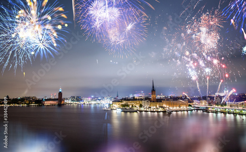 Photography Beautiful Gamla Stan in Stockholm at new year's eve with magical fireworks