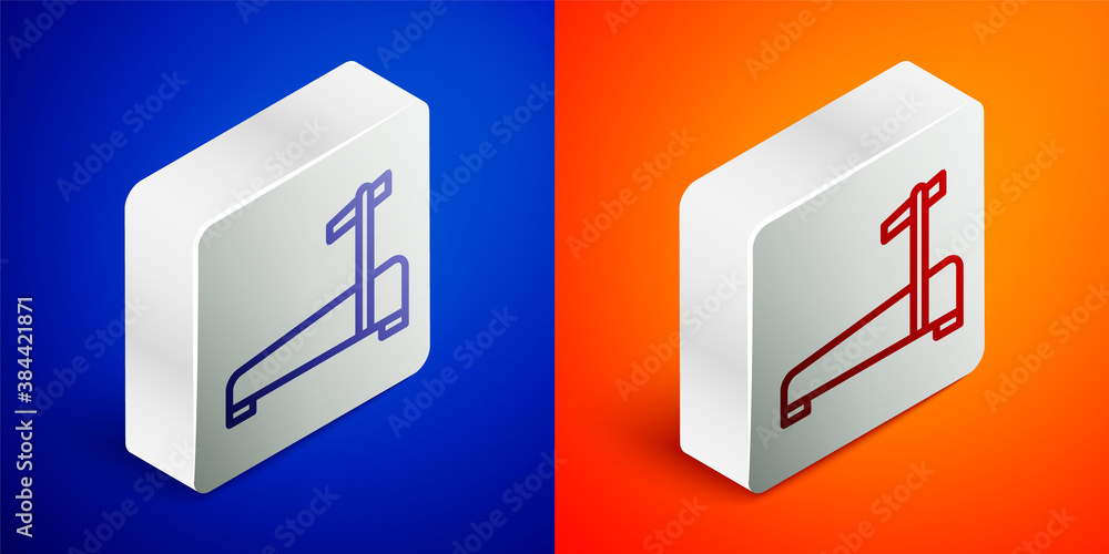 Isometric line Treadmill machine icon isolated on blue and orange background. Silver square button. Vector. Isometric line Treadmill machine icon isolated on blue and orange background. Silver square button. Vector.