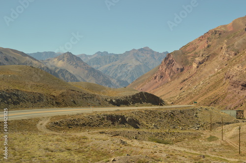 Driving through the windy mountain roads of the high Andes between Chile and Argentina photo