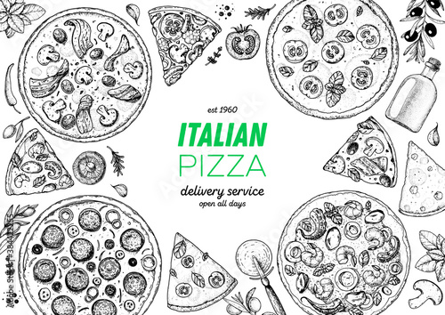 Italian Pizza. Top view. Design template. Pizza sketch. Hand drawn illustration. Different pizza. Packaging or menu. Black and white