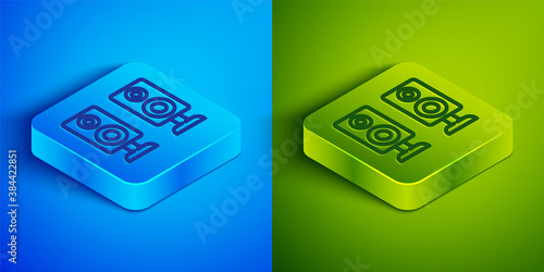 Isometric line Stereo speaker icon isolated on blue and green background. Sound system speakers. Music icon. Musical column speaker bass equipment. Square button. Vector.
