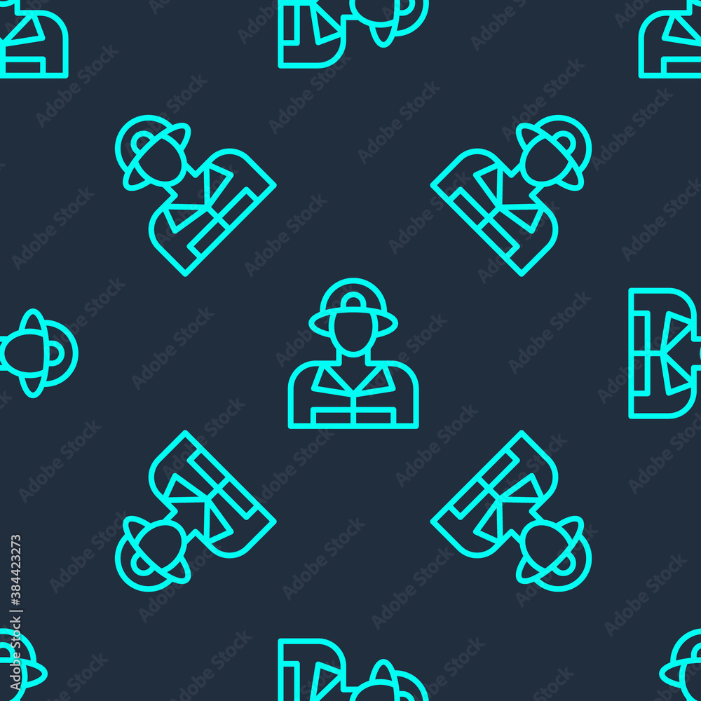 Green line Firefighter icon isolated seamless pattern on blue background. Vector. Green line Firefighter icon isolated seamless pattern on blue background. Vector.