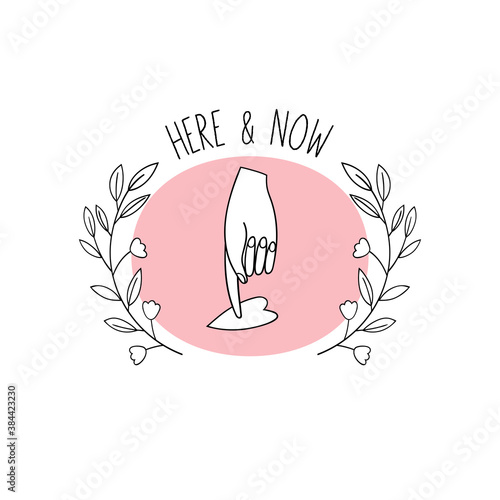 Hand touching the heart. Inscription Here and now. Psychological help logo. Vector lineart.