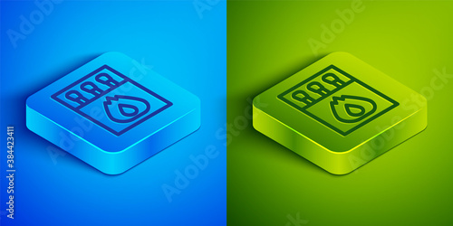 Isometric line Open matchbox and matches icon isolated on blue and green background. Square button. Vector.