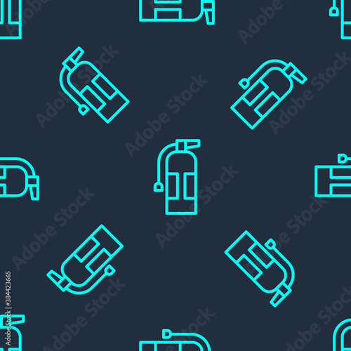 Green line Fire extinguisher icon isolated seamless pattern on blue background. Vector. © Kostiantyn