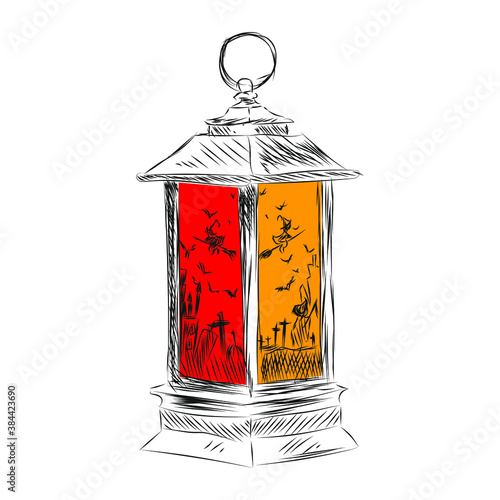 Hand drawn vector occult candlestick for three candles with witches and cemetery skulls for Halloween holiday