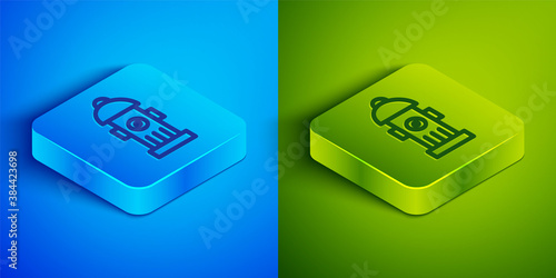 Isometric line Fire hydrant icon isolated on blue and green background. Square button. Vector.