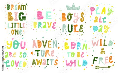 set of lettering quotes isolated on white background for nursery room decor, posters, prints, cards, signs, etc. Colorful typography inscriptions. EPS 10
