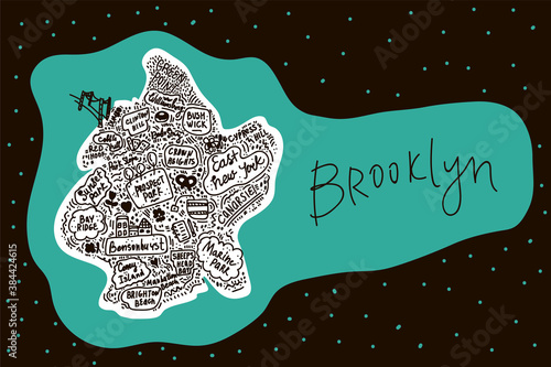 Vector Map of Brooklyn new York USA flat hand-drawn illustration. American attractions States, city, district, name cartoon inscriptions, tourist places clipart. Travel to the USA, travel poster