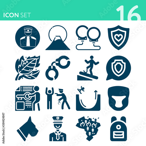 Simple set of 16 icons related to defend