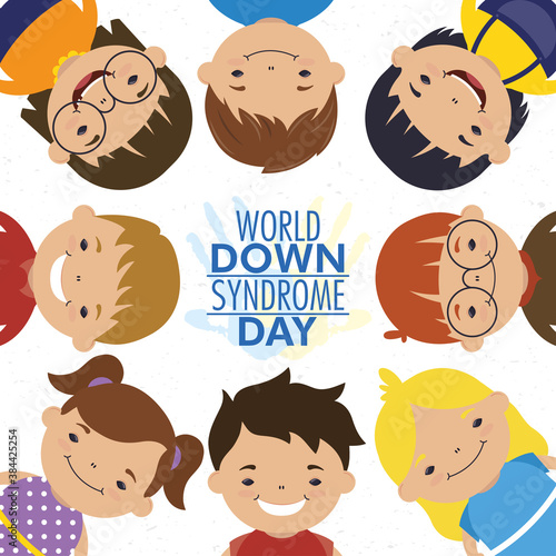 world down syndrome day lettering with little kids around