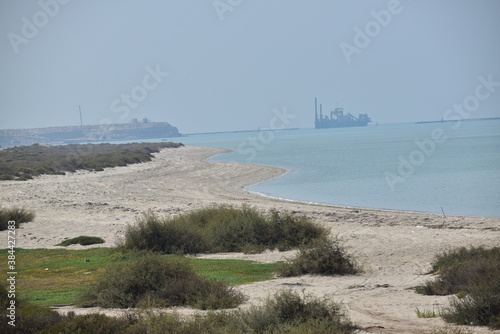 View of a sand dragger boat anchored on a seashore.Abu Dhabi,UAE.10.10.2020.