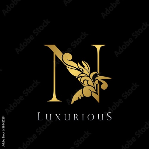 Golden Letter N Luxury Logo Icon, Vintage Deco N Letter Logo Design Template