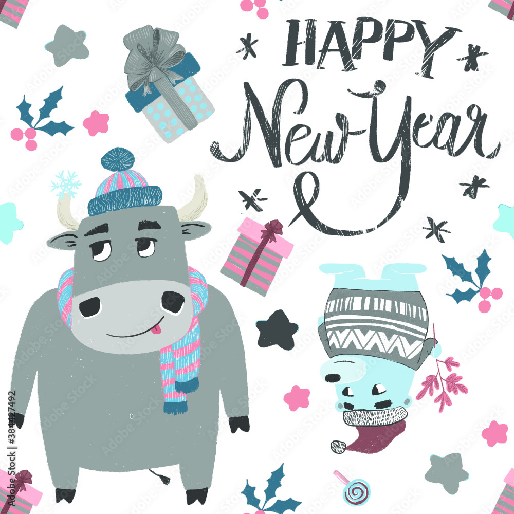 Patern for new year 2021, bull, bear, gifts