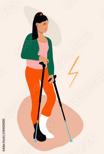 Young woman with broken leg.Girl with orthopedic cast walking using crutches.Ankle bone fracture or sprain with gypsum.Unhappy injured lady with bandage is standing.Trendy vector poster