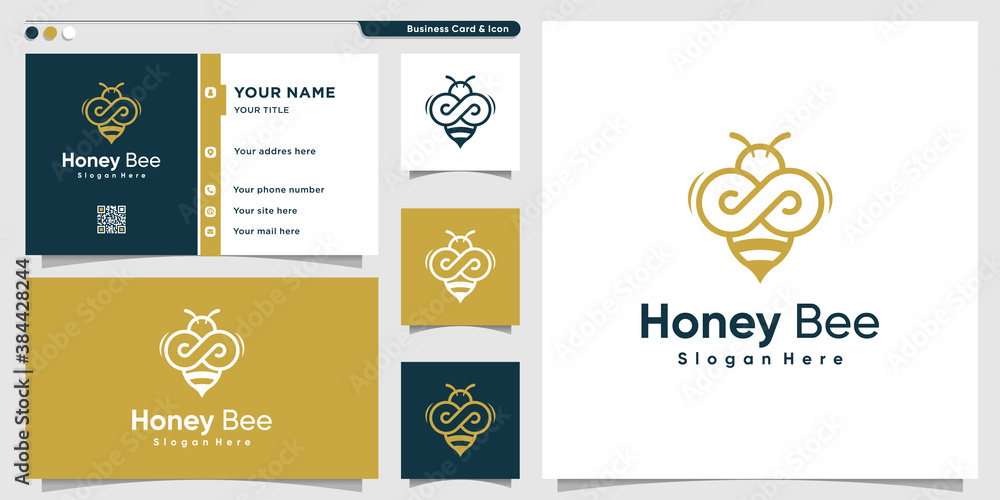 Honey bee logo with golden infinity line art style and business card design Premium Vector