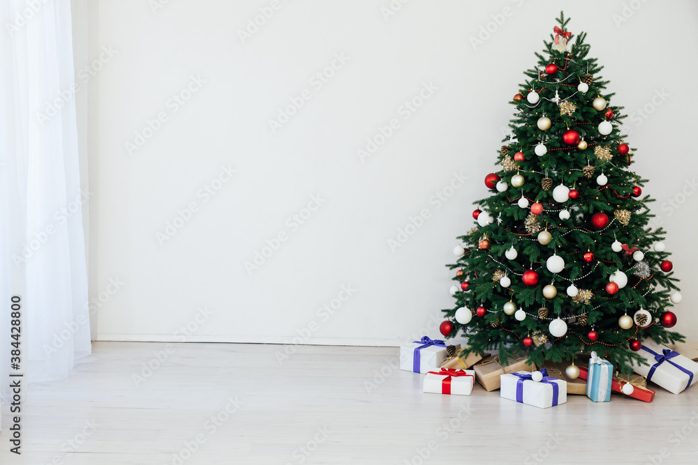 Christmas tree with gift decor for new year interior holiday card