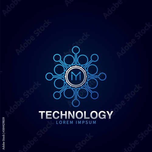 Letter M initial logotype, Digital abstract Technology Science dot molecule vector logo template