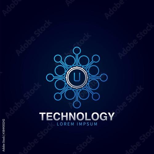 Letter U initial logotype, Digital abstract Technology Science dot molecule vector logo template