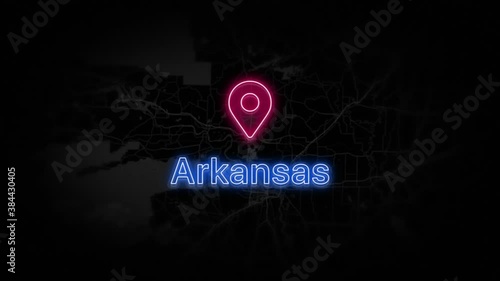 Arkansas State of the United States of America. Animated neon location marker on the map. Easy to use with screen transparency mode on your video. 4k 30 fps.
