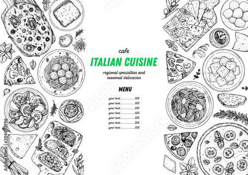 Italian Food. Top view. Sketch illustration. Italian cuisine. Design template. Hand drawn illustration. Black and white. Engraved style. Pasta and pizza, ravioli. Authentic dishes.