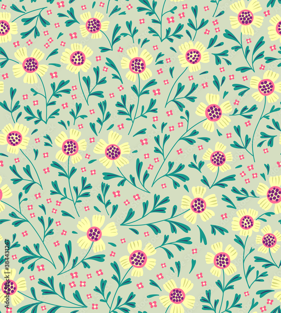 Beautiful floral pattern in small abstract flowers. Small pale yellow flowers. Green-gray background. Ditsy print. Floral seamless background. The elegant the template for fashion prints. Beautiful floral pattern in small abstract flowers. Small pale yellow flowers. Green-gray background. Ditsy print. Floral seamless background. The elegant the template for fashion prints.
