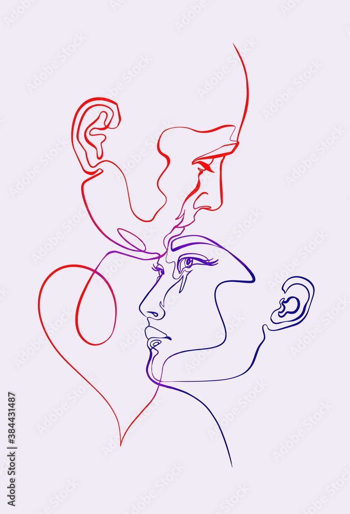 Man and woman, pair romance, heads, faces, silhouettes, continuous line, minimalist art. Concept of relationship between a man and a woman. Man and woman, pair romance, heads, faces, silhouettes, continuous line, minimalist art. Concept of relationship between a man and a woman.