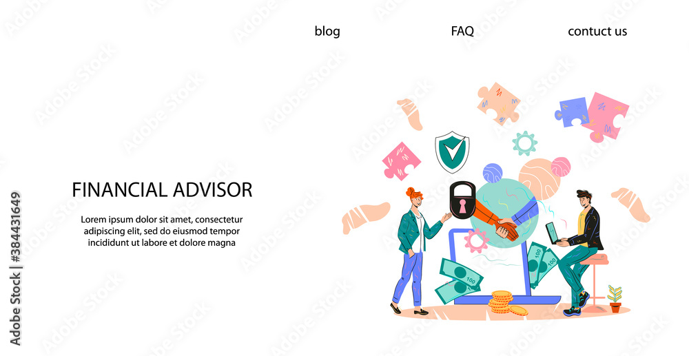 Financial advisor website banner template with businessman meeting financial consultant for professional advice. Business consulting and investments, flat cartoon vector illustration.
