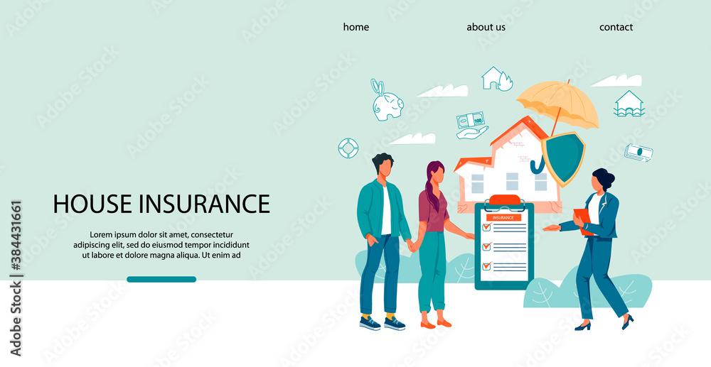 Property and home insurance website banner template with agent and young family characters. Safety and security of property and insurance guarantees. Web landing page interface design. Property and home insurance website banner template with agent and young family characters. Safety and security of property and insurance guarantees. Web landing page interface design.