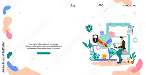 Smart contract and online secure deal website template. Web page interface for insurance of online transactions and security guarantee business commercial services, flat vector illustration.