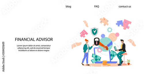Financial advisor website banner template with businessman meeting financial consultant for professional advice. Business consulting and investments, flat cartoon vector illustration.