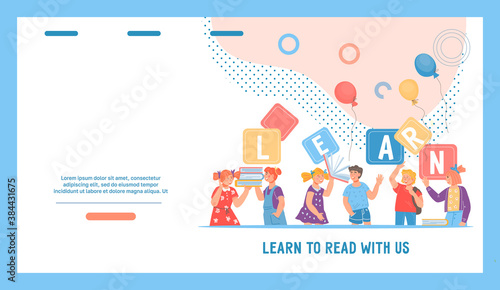 Website page interface for children reading classes with cartoon boys and girls characters. Online kids preschool education, learning to read, flat vector illustration.