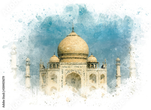 Taj Mahal Tomb, Mosque, Agra, India, postcard as watercolor drawing 