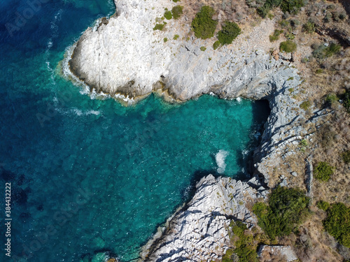 Aerial panoramic view of rocky beach near Trachila, Messinia, Greece