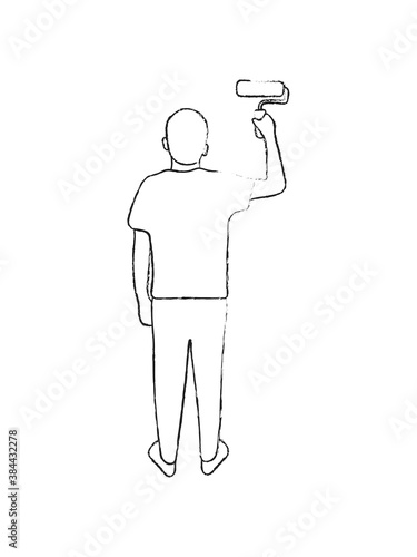 A man paints a wall with paint. The guy holds a paint roller in his hand, next to it is a cans of paint. Stock vector illustration