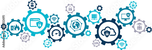 secure network vector illustration. Concept with connected icons related to vpn, virtual privacy, cyber security, cloud computing protection.