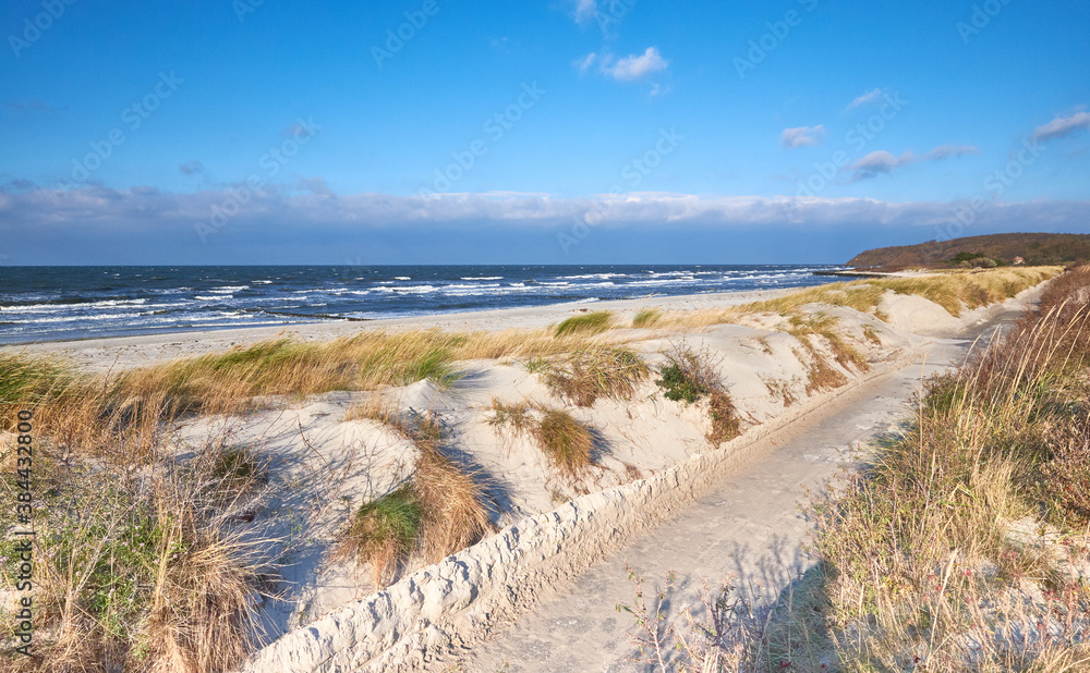 Bike way by the beach on Island Hiddensee in Germany. Autumn or winter out of season.