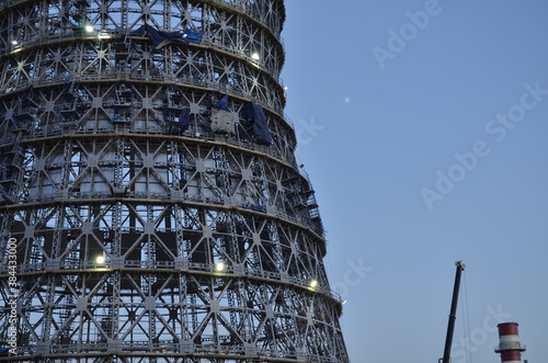 Construction of a large metal cooling tower. Metal carcass. Metal cooling tower.