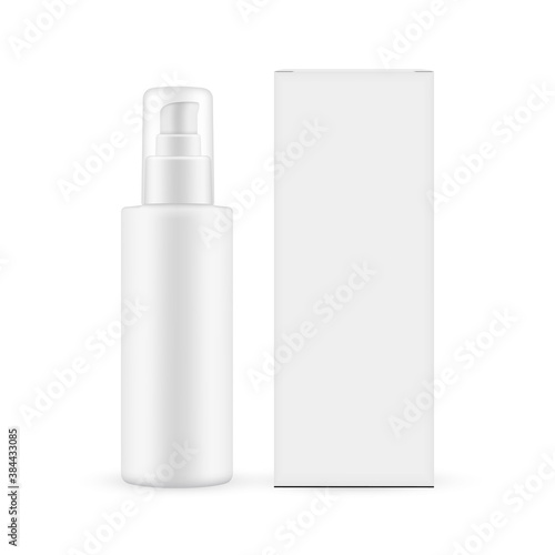 Pump bottle with transparent cap and paper box mockup isolated on white background, front view. Vector illustration
