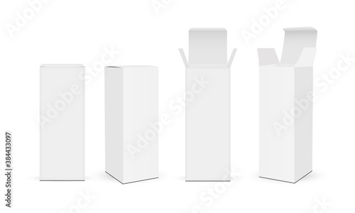 Set of high paper rectangular packaging boxes mockups with opened and closed lid, isolated on white background. Vector illustration
