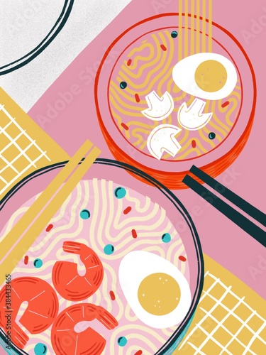 Flat appetizing noodles soup. Abstract noodles, shrimp, egg. Colored Japanese food  illustration. Funny colored typography poster, apparel print design, restaurant menu decoration. Asian food poster