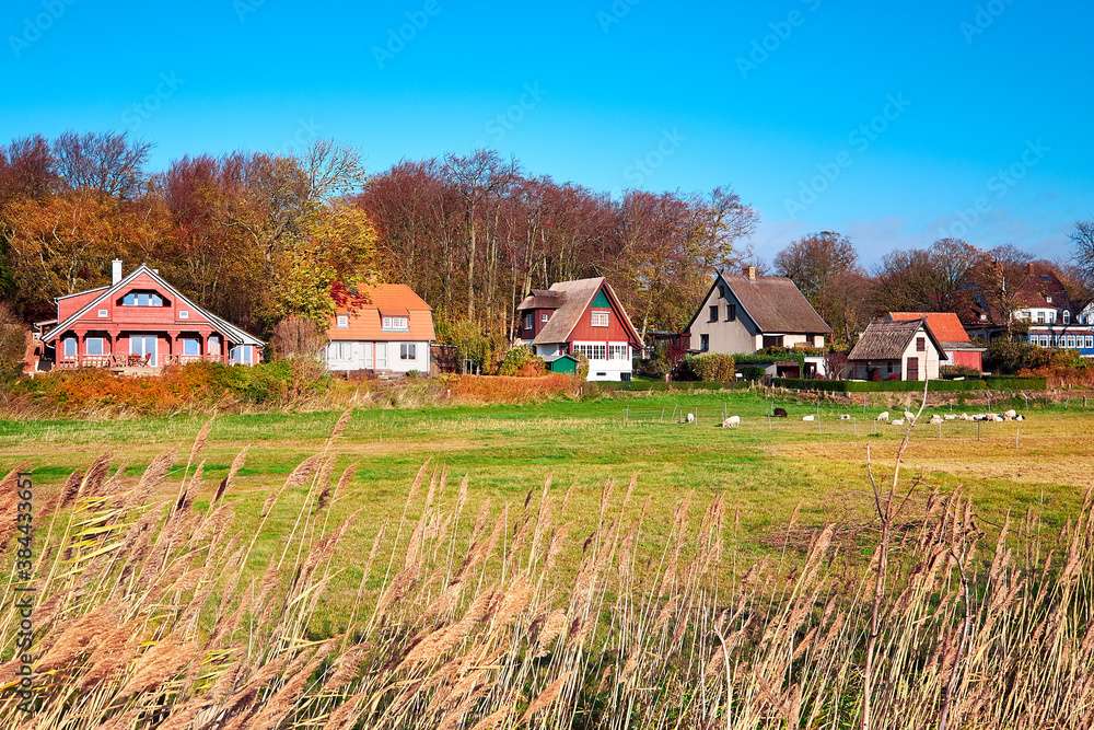 Obraz premium Kloster village on Hiddensee island in North Germany. Traditional houses on a sunny day in Autumn.