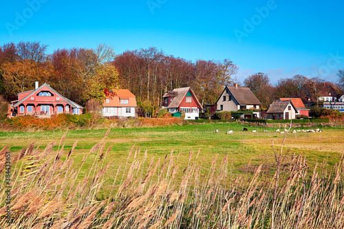 Kloster village on Hiddensee island in North Germany. Traditional houses on a sunny day in Autumn.