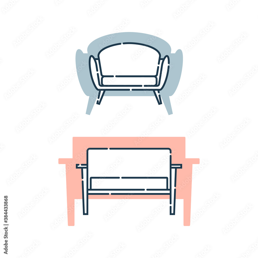 Two comfortable sofa with pillows. Flat illustration with settee on shape background. Modern stylish object for relaxation. Image of couch in line art style. Element furniture of the interior Two comfortable sofa with pillows. Flat illustration with settee on shape background. Modern stylish object for relaxation. Image of couch in line art style. Element furniture of the interior