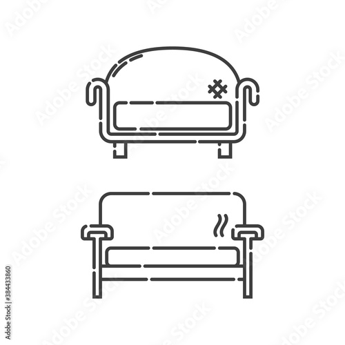 Comfortable sofa with three pillow. Two modern stylish object for relaxation. Image of couch in line art style. Element furniture of the interior. Flat illustration with settee on white background