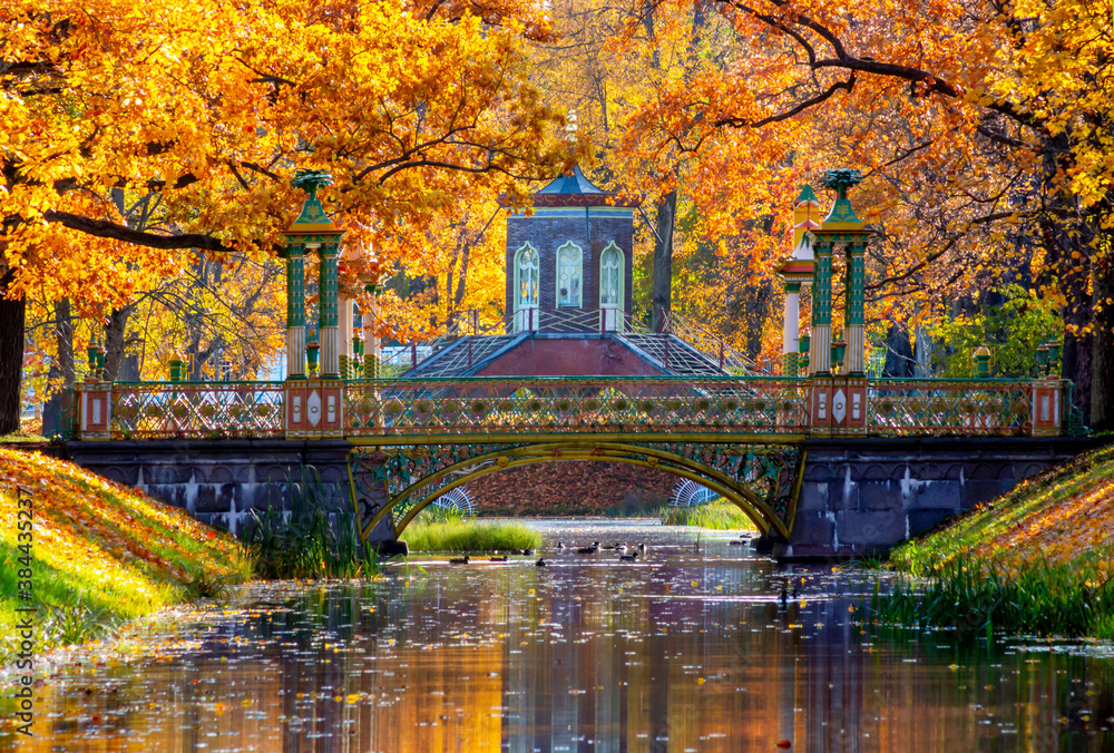 Cross bridge and Chinese bridges in Alexander park in autumn, Pushkin (Tsarskoe Selo), Saint Petersburg, Russia