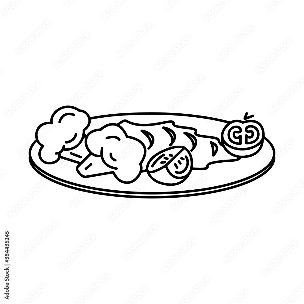 Plate with mashed potatoes, broccoli, chopped tomatoes. Vegetarian food. Vector outline icon. Isolated on white. Plate with mashed potatoes, broccoli, chopped tomatoes. Vegetarian food. Vector outline icon. Isolated on white.